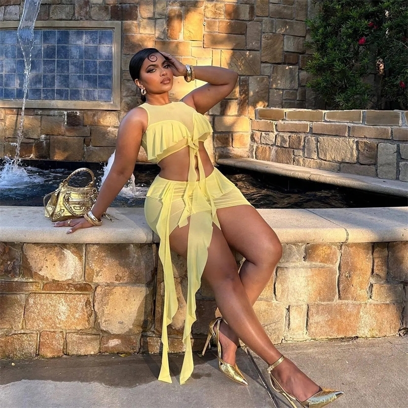 Mesh Ruffle Dress 2 Piece Skirt Sets Summer Women Party Beach Vacation Club Dress Sexy Elegant Two Piece Set Outfit 250113