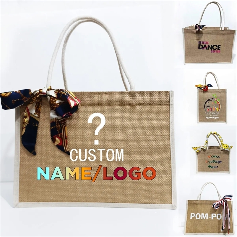 Custom Tote Bag Gifts For Women Wholesale Personalized Burlap Name Beach Wedding Jute Shopping Handbag 240106bj