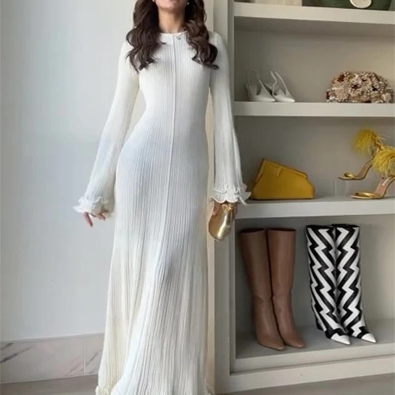 Elegant Flare Long Sleeve Solid Knitted Fishtail Dress Women Chic Lace Up Round Neck Dresses Female High Street Robes 240828