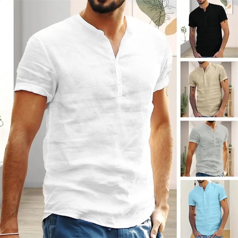 Summer Mens Solid Color Short-Sleeved T-shirt Cotton And Linen Led Casual Mens T-shirt Shirt Male Breathable Top 250318