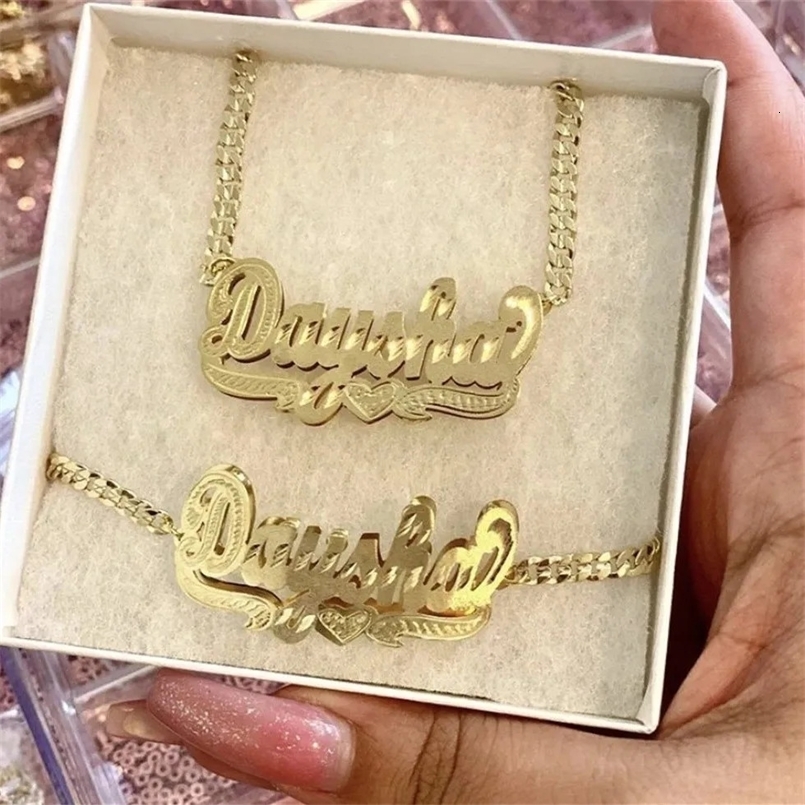 18K Gold Plated Nameplate Necklace Personalized Double Layer 3D Necklaces With Heart Customized Name Stainless Steel Jewelry 240626