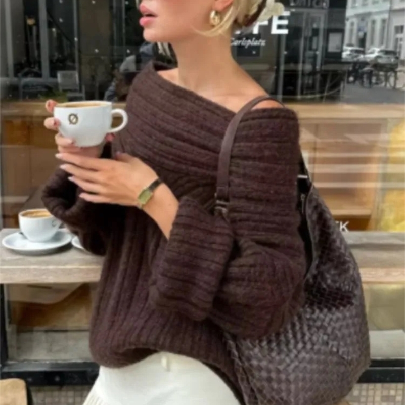 Women Sexy Solid One Neck Ribbed Sweater Fashion Off Shoulder Long Sleeve Knitted Pullover 2024 Autumn Lady Chic Street Knitwear 250121