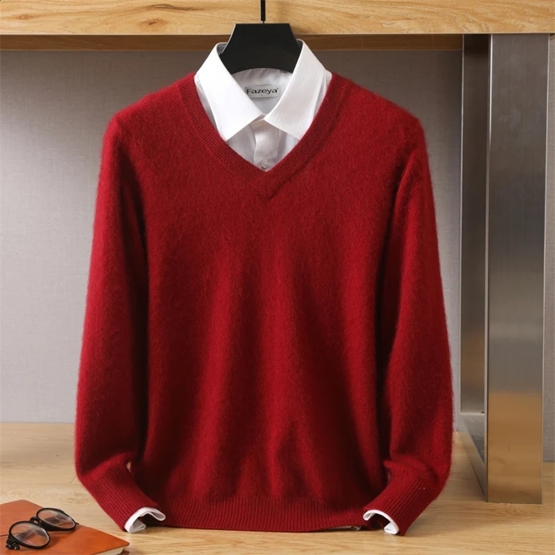 Mens 100% Pure Mink Sweater V-Neck Pullover Cashmere Knitted Sweater Autumn And Winter High-End Long-Sleeved Mink Top 240826