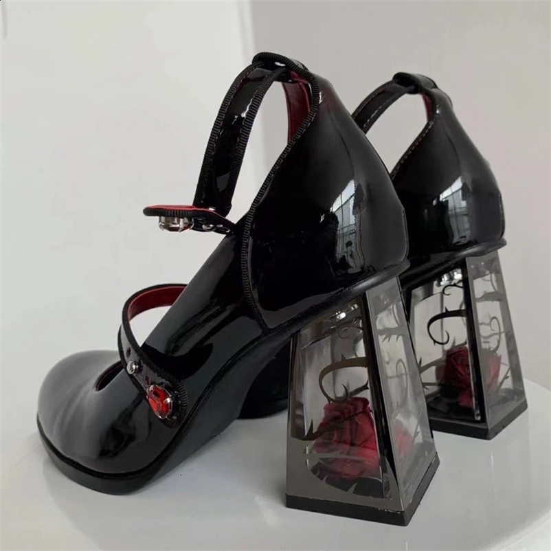 Punk Gothic High Heels Pump Womens Ankle Strap Black Mary Jane Shoes Womens Rose High Heels Patent Leather Lolita Shoes 240823bj