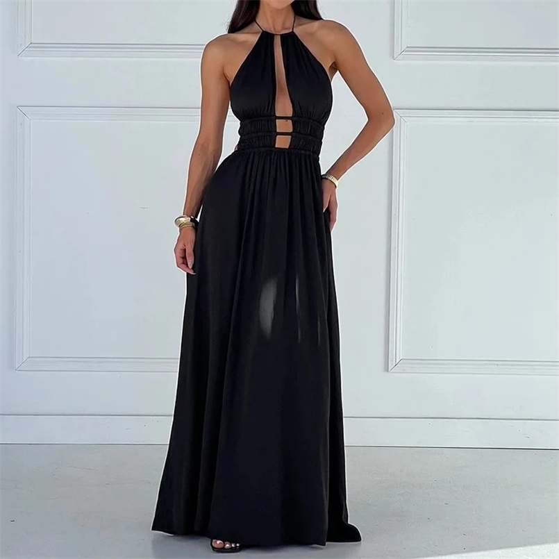 Simple Solid Off Shoulder Pleated Long Dress Elegant Summer Loose Beach Dresses Sexy Halter Hollow High Waist Holiday Dress 250322