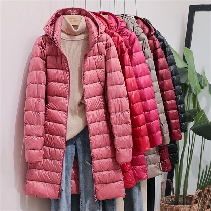 Winter Womens Korean Fashion Slim Remove Hooded Parka Fashionable Outerwear Down Jackets Long Light Thin Coat Puffer Jacket 240829