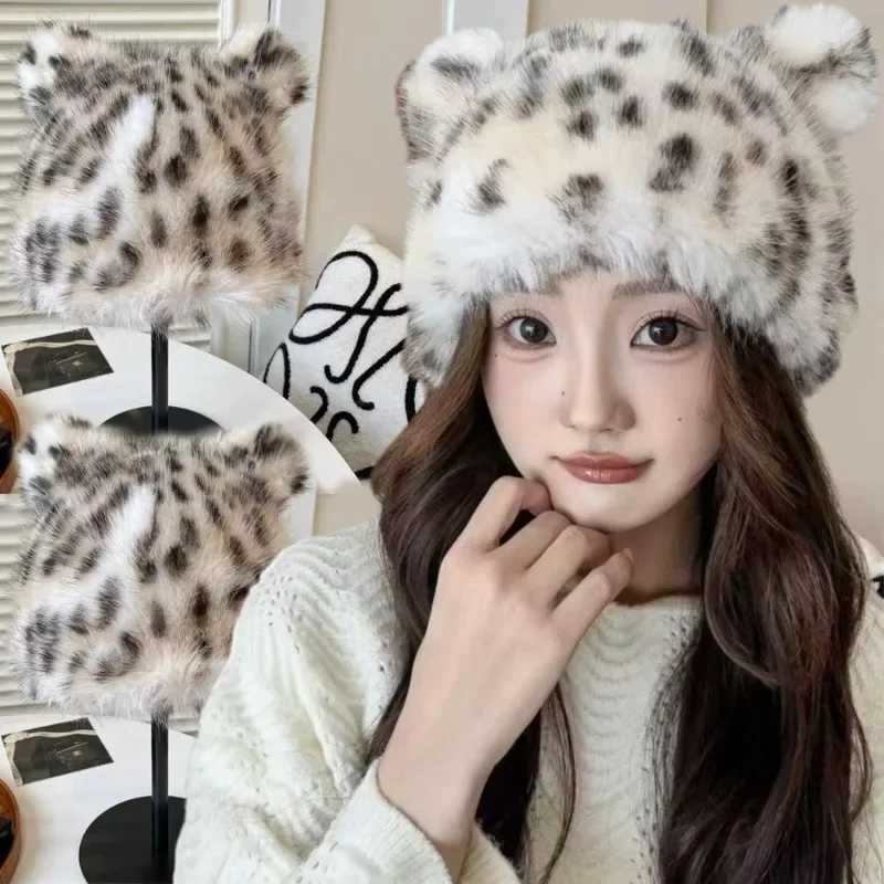 Korean Leopard Plush Print Fur Hat Fashion Women Bear Ear Winter Warm Fluffy Fur Beanie Cute Cap Autumn Ear Protection BucketXJ250923