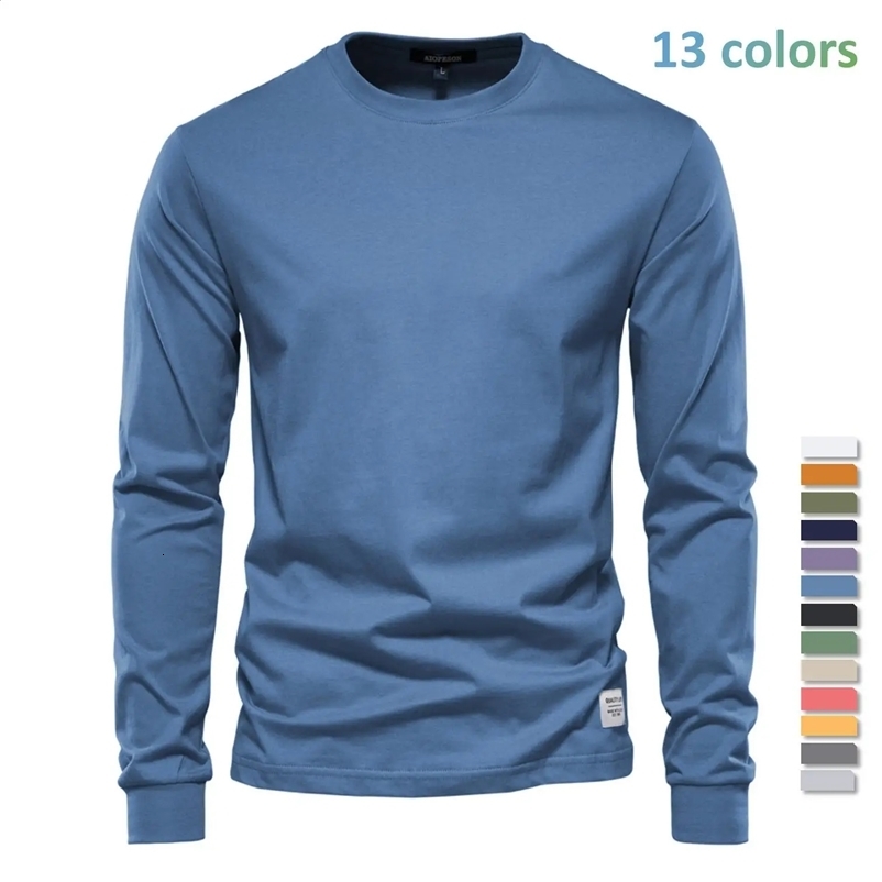 AIOPESON Solid Color Cotton T Shirt Men Casual O-neck Long Sleeved Mens Tshirts Spring Autumn High Quality Basic T-shirt Male 241223bj