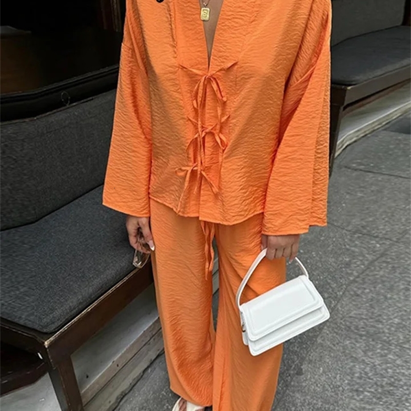 Casual Lace Up Shirt Trousers Set Women Solid V Neck Hollow Out Cardigan Wide Leg Pants Suit Female 2024 Summer Lady Outfits 250121