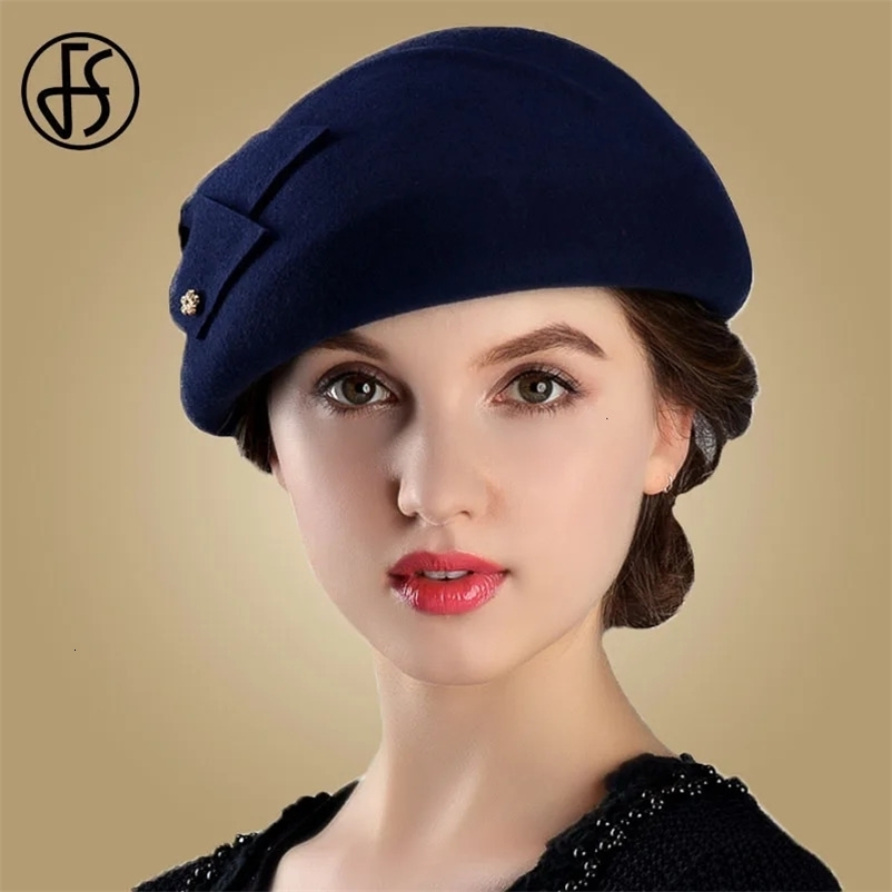 FS French Berets Caps For Women Fashion 100 Wool Felt Fedora Hat Winter Blue Purple Red Church Female Fleece Cloche Hats 240603bj