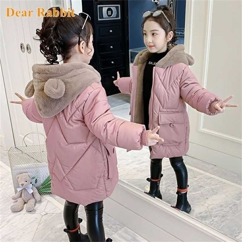 -30 degrees Girl Winter Warm Coat Kids clothes Thick Parka Children Clothing Cotton Jacket Hooded Plus velvet Outerwear 4-13 Yrs 211027