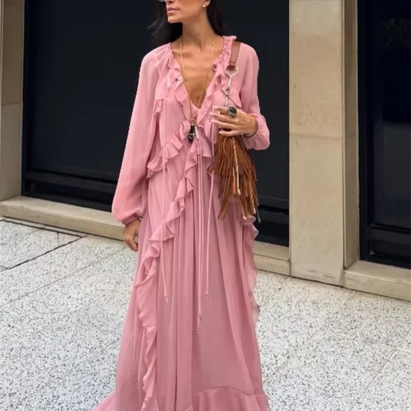 Elegant Solid Multiple Flounces Lace Up Dresses Chic Loose V Neck Full Sleeve Robes Lady Summer Commute Vacation Gown 250326