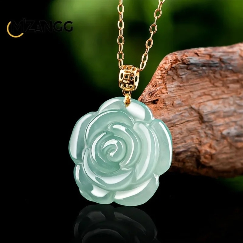 18K gold natural product jade blue water rose pendant high-end ice shaped exquisite fashion womens jade necklace gift 241119bj