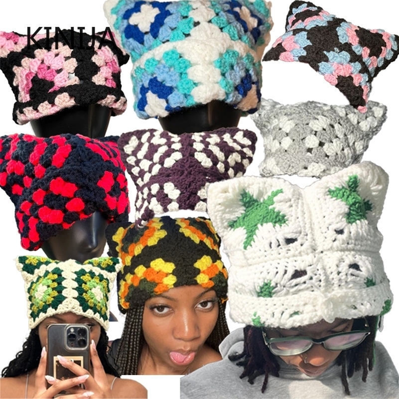 Handmade Beanie Hat Millennium Women Kawaii Y2K Harajuku Punk Gothic Knitted Cap Winter Female Men Retro Fashion Cold Hat 250923