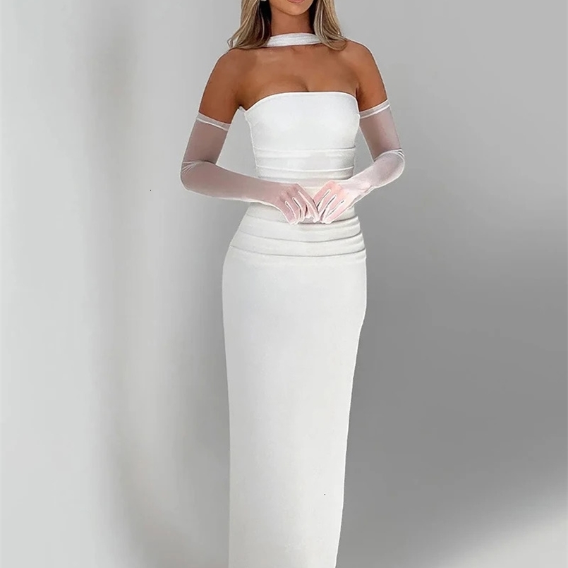 MSCSZ Elegant Strapless Long Dresses For Women Off Shoulder Backless Bodycon Maxi Dress Sexy Party Evening Dress With Gloves 250310