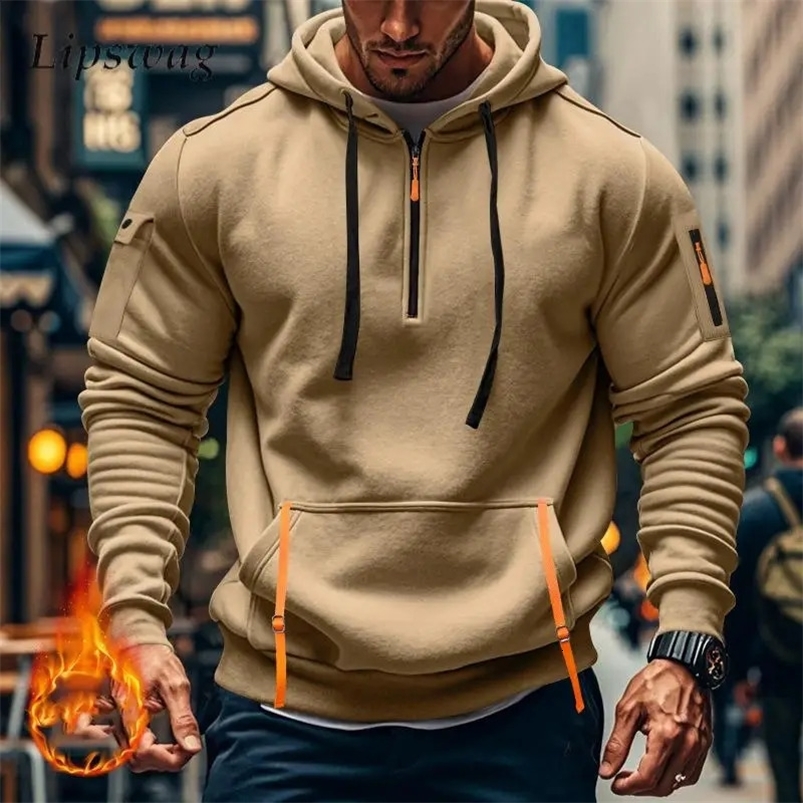 Autumn Winter Warm Fleece Liner Hoodies Men Fashion Zipper Drawstring Hooded Sweatshirt Mens Casual Patchwork Long Sleeve Hoodie 240816