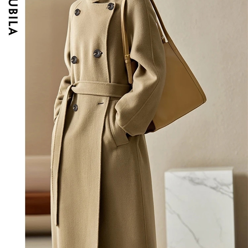 SENTUBILA Womens Long Woolen Coat Winter High Quality Elegant Formal Warm Double Breasted Tie Waist Overcoats W24O42064 240729