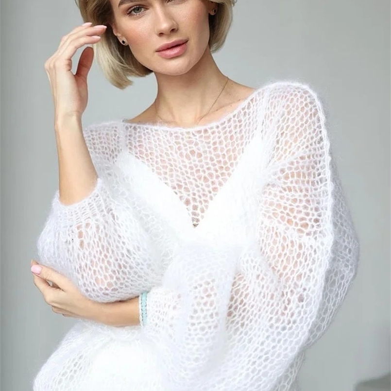 TYHRU Womens Knitted Sweaters Lady Hollow out Mesh Thin Pullover See Through Look Lantern Sleeve Loose Tops Smock 250314
