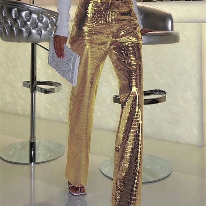 Pantaloni lunghi dritti in pelle bkquio da donna shinny streetwear party nightclub pantaloni a gamba larga in scala alta 250226 250226