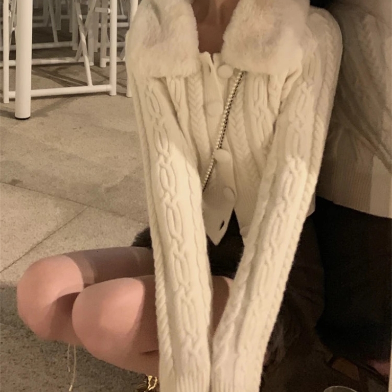 Winter Vintage Knitted Sweater Women Korean Fashion Fur Slim Cardigan Female Long Sleeve Casual Warm Y2K Short Sweater Coat 2024 240918