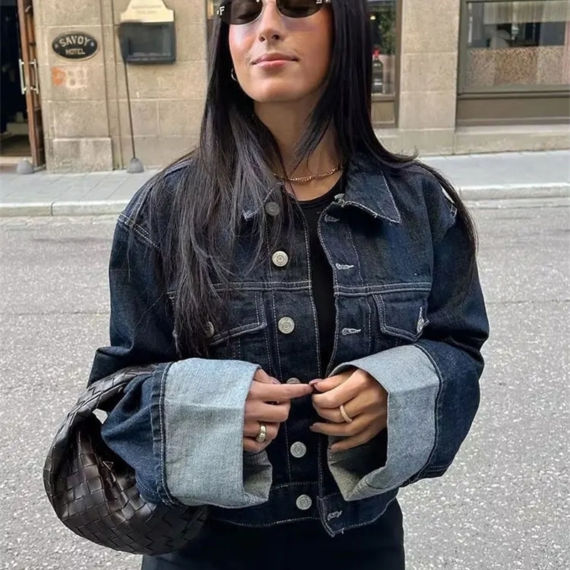 Trafza Femmes Vintage Denim Veste Revers à poitrine simple Mateau à manches longues avec poches Bleu Bleu Denim Veste Fashion High Street 250121