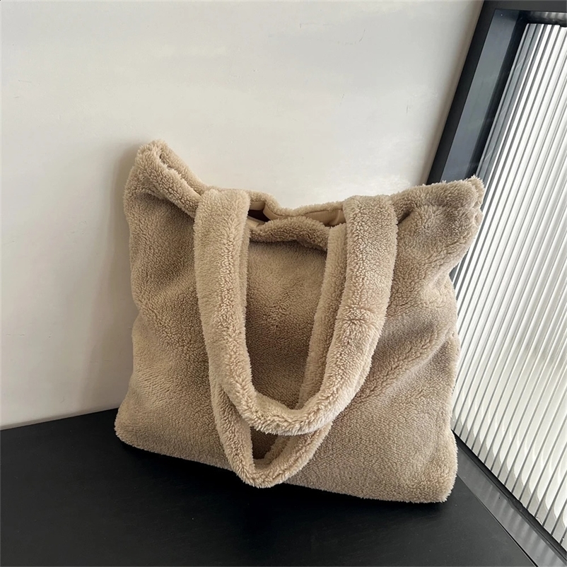 Womens Plush Underarm Bag Winter Lamb Faux Fur Shoulder Bag Solid Color Soft Fluffy Shopper Bags Large Capacity Casual Tote Bag 241224bj