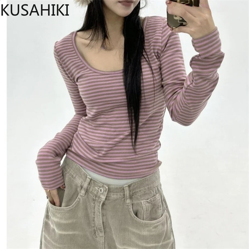 KUSAHIKI Sexy Retro Stripes Korean Versatile Slim Fit Long Sleeved Round Neck Base Shirt Short Spicy Girl Y2k Top 250206