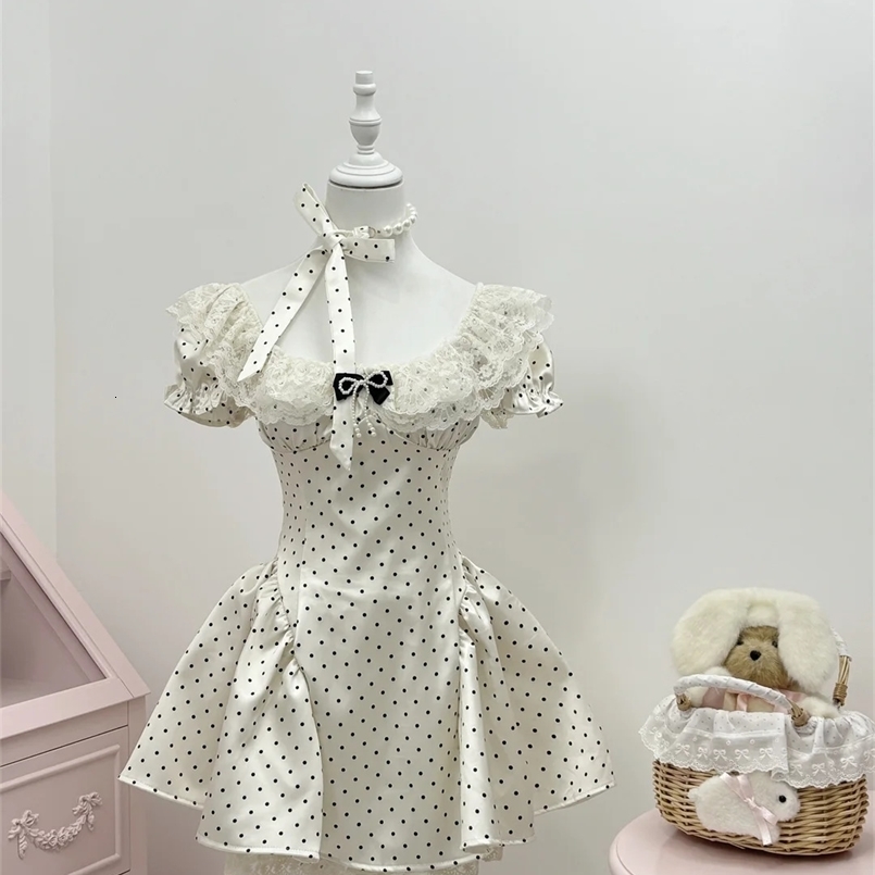 Summer Women Graduation 2000s Korean Coquette Shoujo Polka Dot Babydoll Dress Ballet Core Frock Evening Party Prom Gown Y2k 250514