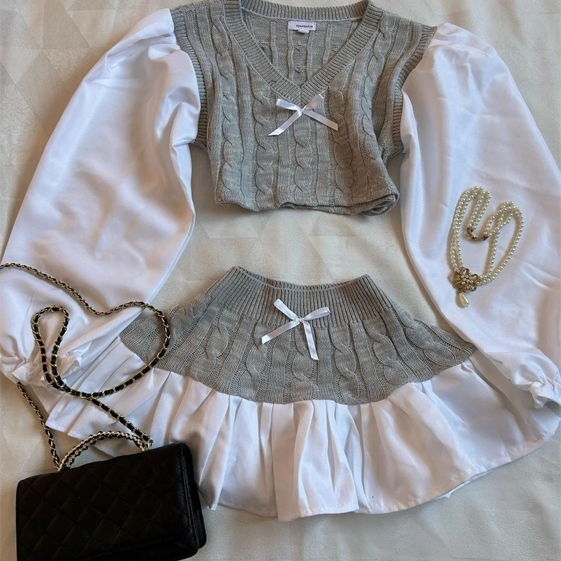 Harajuku Skirt Sets Are Fashion Sexy Two Piece Sets Womens Outfits Bow Knitted Long Sleeves Kawaii Mini Skirt with Crop Tops 240820