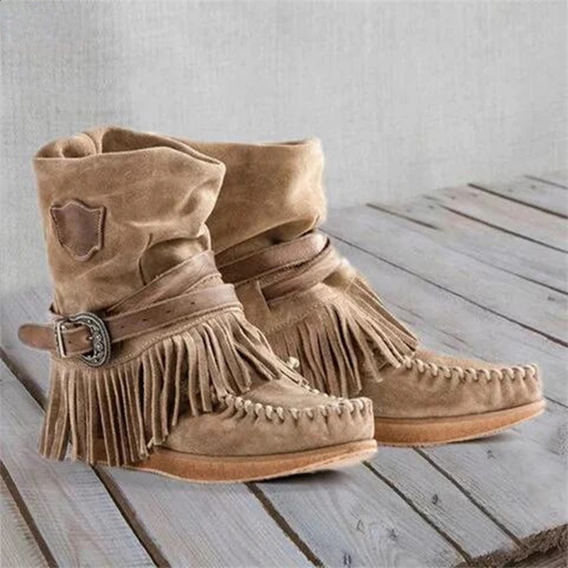 Retro Tassel Womens Boots Side Zipper Black Winter Flat Warm Shoes Comfort Round Toe Non-slip Plush Ankle Boots 250418bj