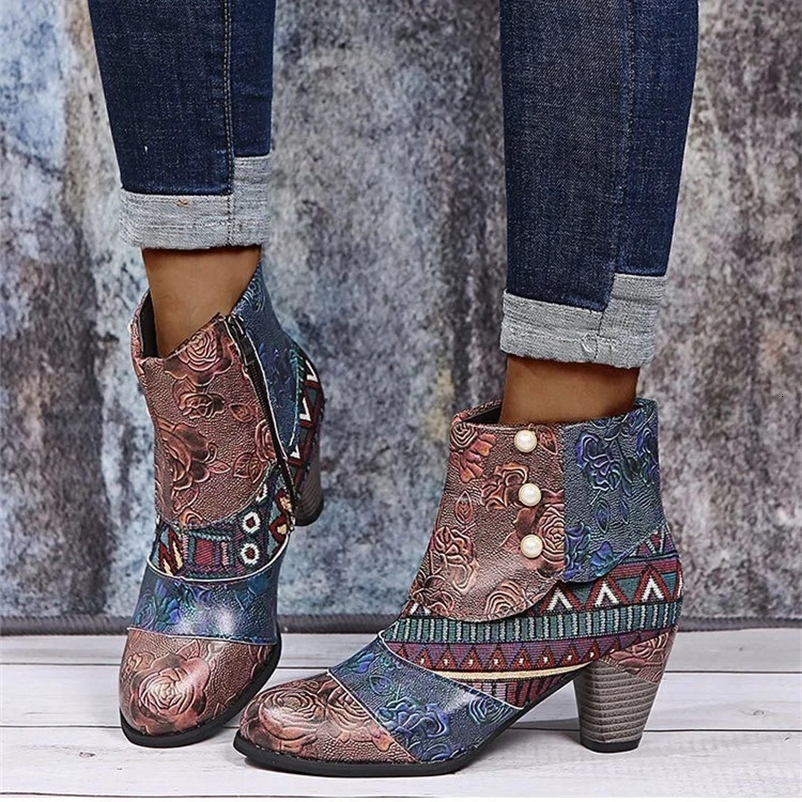 Botas de tobillo para mujer Autumn PU Womens zapatos impermeables étnicos zapatos retro de zapatos retro de la cremallera botas altas botas botas Mu