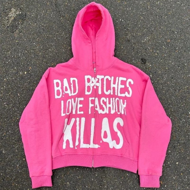 y2k Streetwear Goth Letter Print Oversized Hoodie Women Fashion Casual Loose Harajuku Versatile Zipper Sweatshirt Top 240819