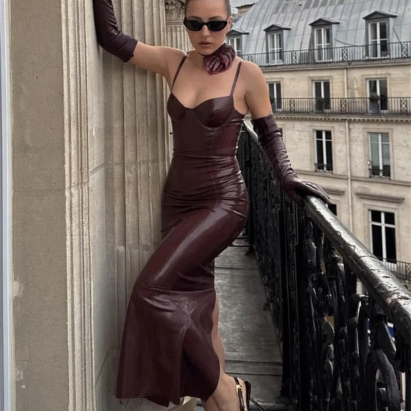Sexy PU Leather Sling Dress Women Solid Sleeveless Hip Package High Waist Long Dresses 2024 Autumn Female Fashion Vestidos 241209