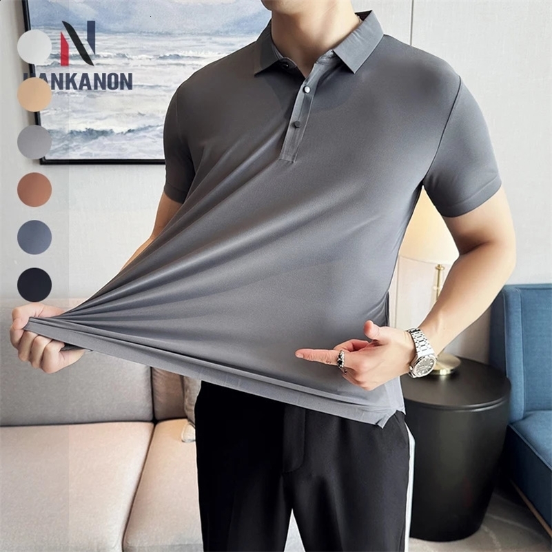 Ice Silk High Elastic Seamless T-shirt Summer Thin Polo Shirt Solid Color Polo Collar Short Sleeve Brown Top Business Leisure 240826