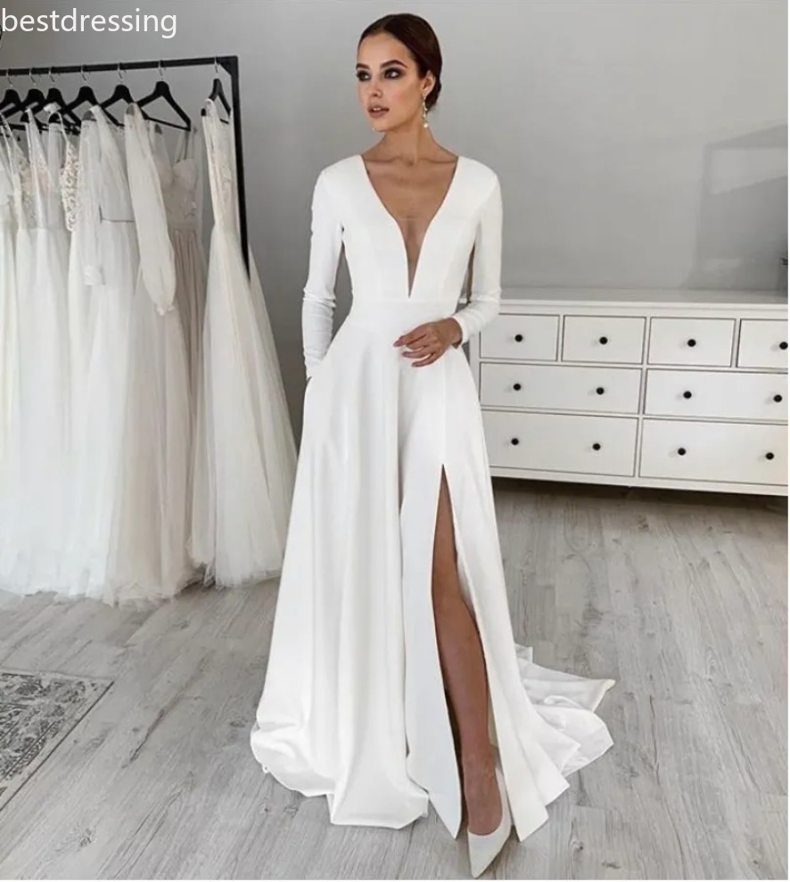 Autumn Stretch Satin V Neck Wedding Dress Party Dresses Long Sleeves Robe De Soiree Bride to be Gowns 0923