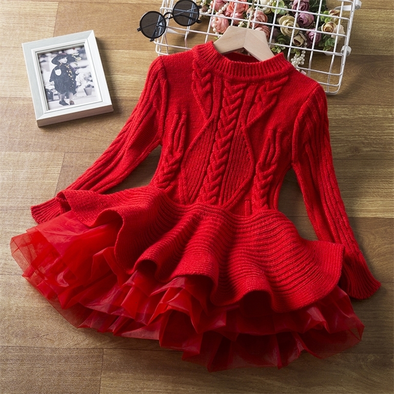 Girl s Dresses Girls Long Sleeve Knitting Autumn Winter Warm Birthday Party Ruffle Princess Costume Kids Red Christmas Disfraz Vestido 230307