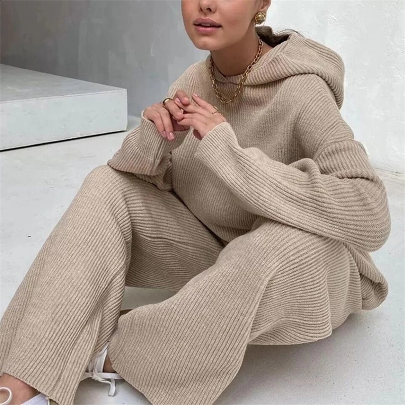 Womens two-piece set of womens home textile ribbed knitted soft sleepwear casual loose hooded top and wide leg pants set sports shirt240805bj
