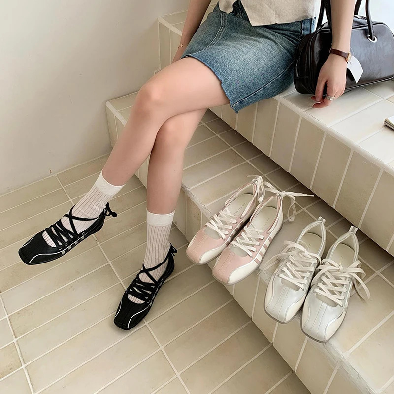 Womens Ballet Style Flats Fashion Lace-up Retro Mary Jane Casual Shoes Spring Summer Comfortable Lightweight Ballet Sneakers 250809