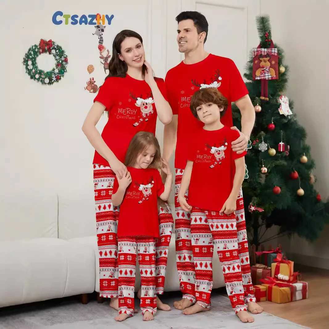 Red shortsleeved Tshirt family pajama set childrenadults Christmas and New Year cartoon pattern home wear baby jumpsuits X250923