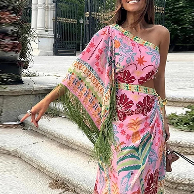 Women Diagonal Shoulder Tassel Midi Dress Chic Waist Hollow Out Asymmetric Irregular Hem Lady Summer Dress Evening Party Vestido 250326