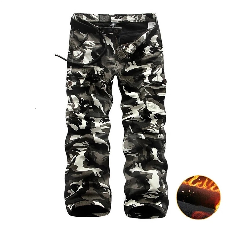 Fleece Cargo Pants Men Casual Loose Multi-pocket Trousers Men Winter Combat Camouflage Tactical Work Pant Male Clothing 250122