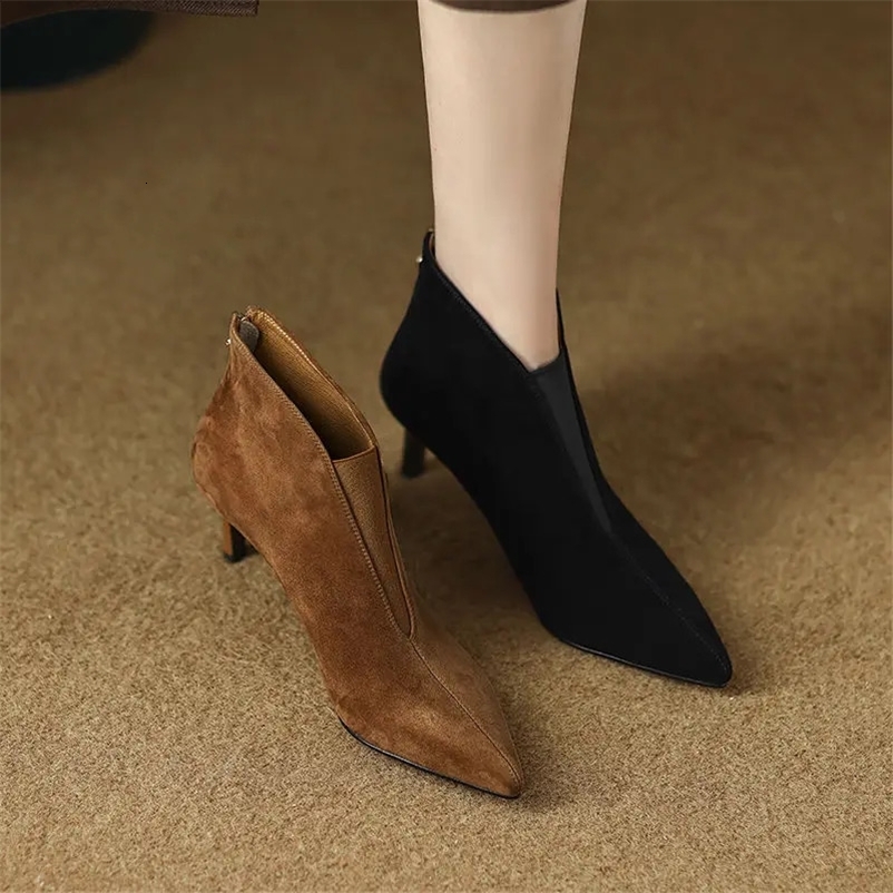 FHANCHU NUBUCK sheep ankle boots womens high heels autumn and winter shoes Pointed Toe Botas deep V-shaped black brown down jacket 240926bj
