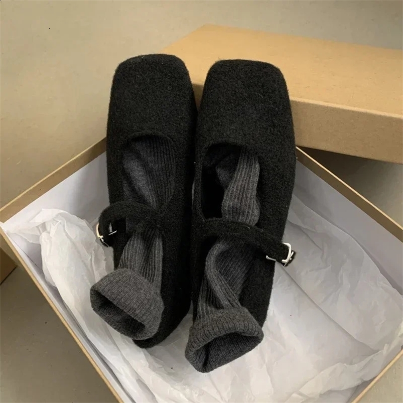 Fashion Square Toe Fleece Flats Woman Winter Warm Wool Mary Jane Shoes Ladies Elegant Plush Loafers 241121