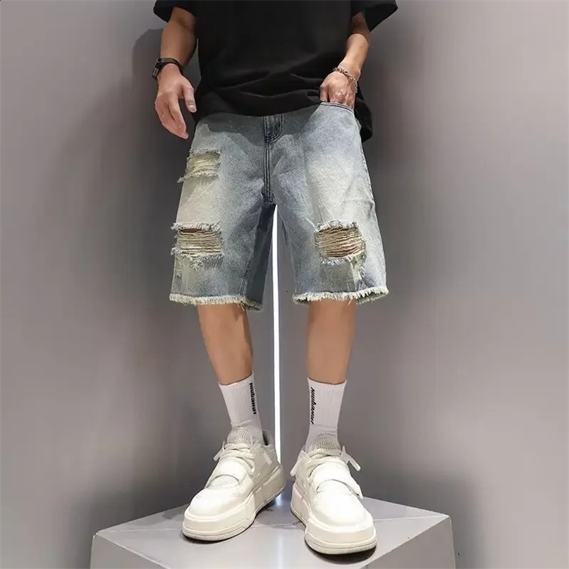 Vintage Distressed Denim Shorts Loose Fit Summer Style American Trendy High Street Washing Five Minute Shorts For Men 250113