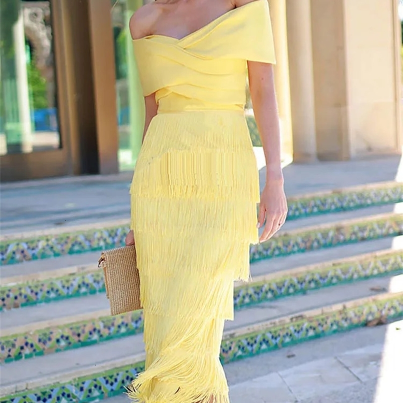 Deioao Female Elegant Summer Yellow Dress Streetwear Tassel Patchwork Midi Party Dress Chic Women Solid Slim Fit Dress Vestido 250314