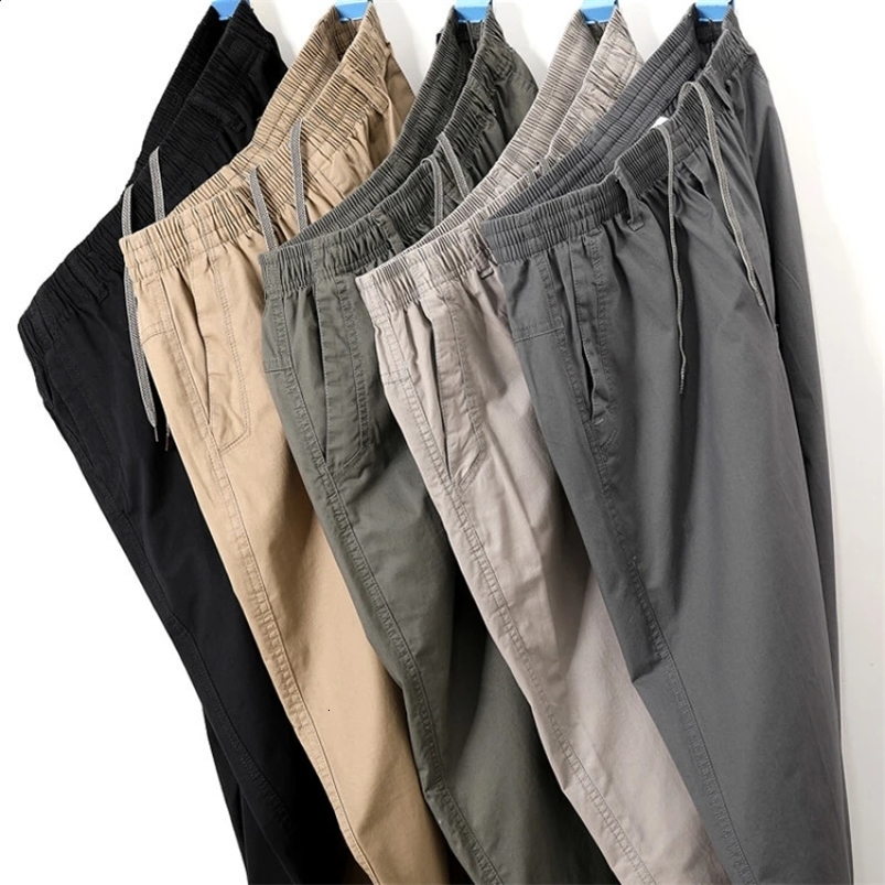 Mens Straight Cargo Trousers Casual Pants Monochromatic Plus Size M-6XL Elastic Waist 100% Cotton Ninth Pants 240820