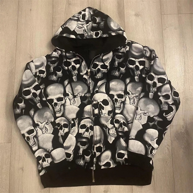 Zip Hoodie Men Y2K Clothes Halloween Hoodie Fashion Hoodie Goth Womens Head Skeleton Print Long Sleeve Sweatshirt Oversized Top 241030