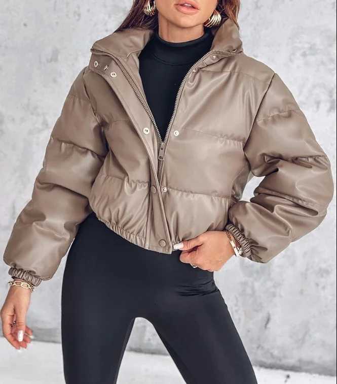 Winter Jacket Womens 2024 Casual Basic Fashion New In Coat Pu Leather Stand Up Collar Snap Zipper Windproof Warm Down Jacket Z250923