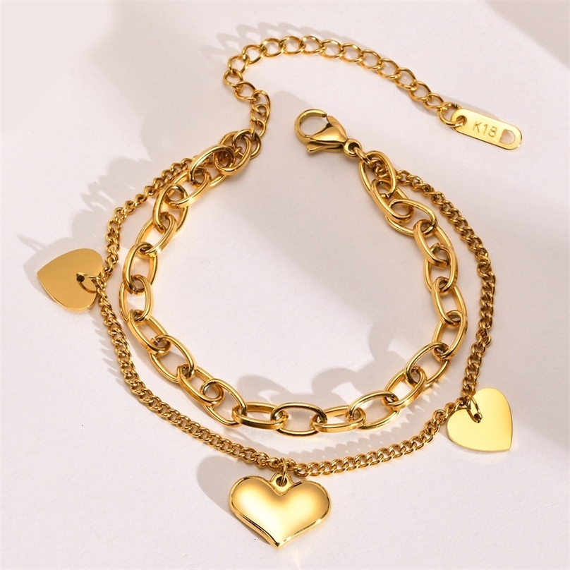 Charm Bracelets Womens Heart Bracelet Stainless Steel Double Chain Link 18k Gold Plated Layered Charms Jewelry 230814