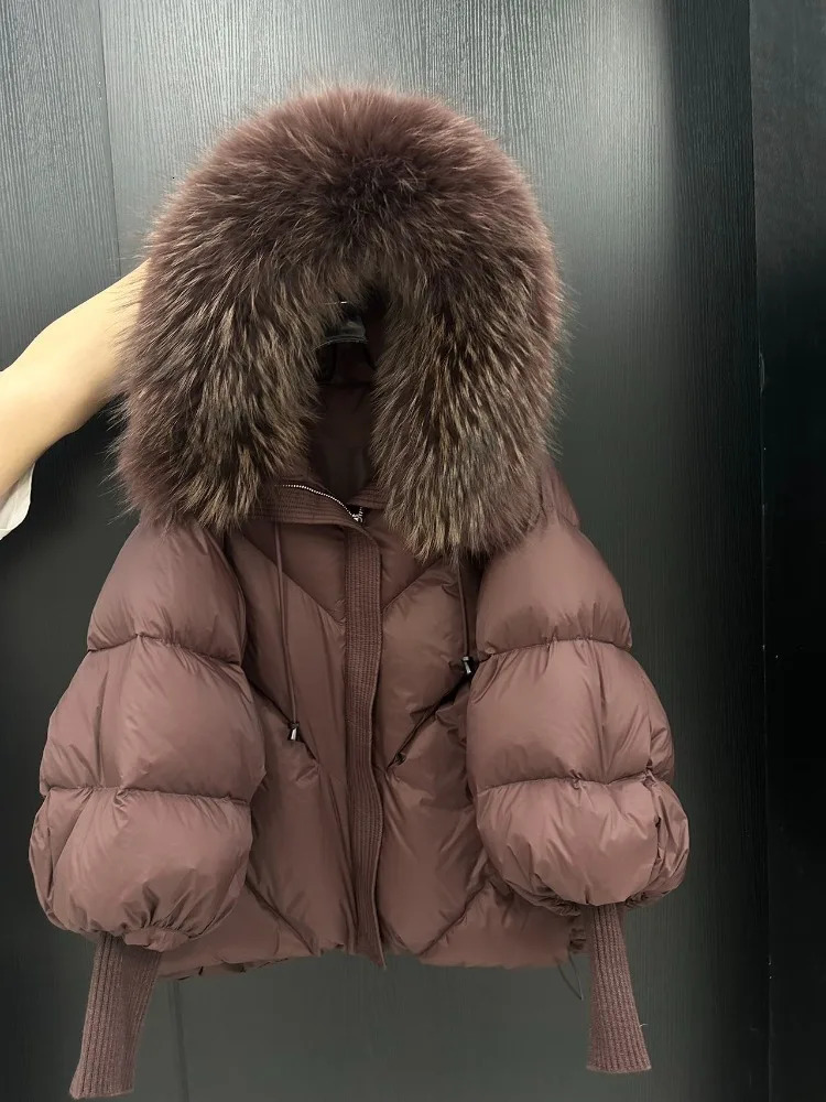 OFTBUY 2025 Winter Large Real Fur Hooded Puffer Jacket Women Thicken Warm Knitted Sleeve Coat White Duck Down Mid Long Parka 250917